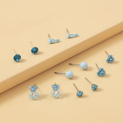 6 Pairs Ladies Bear Flower Music Symbol Stud Earrings Set