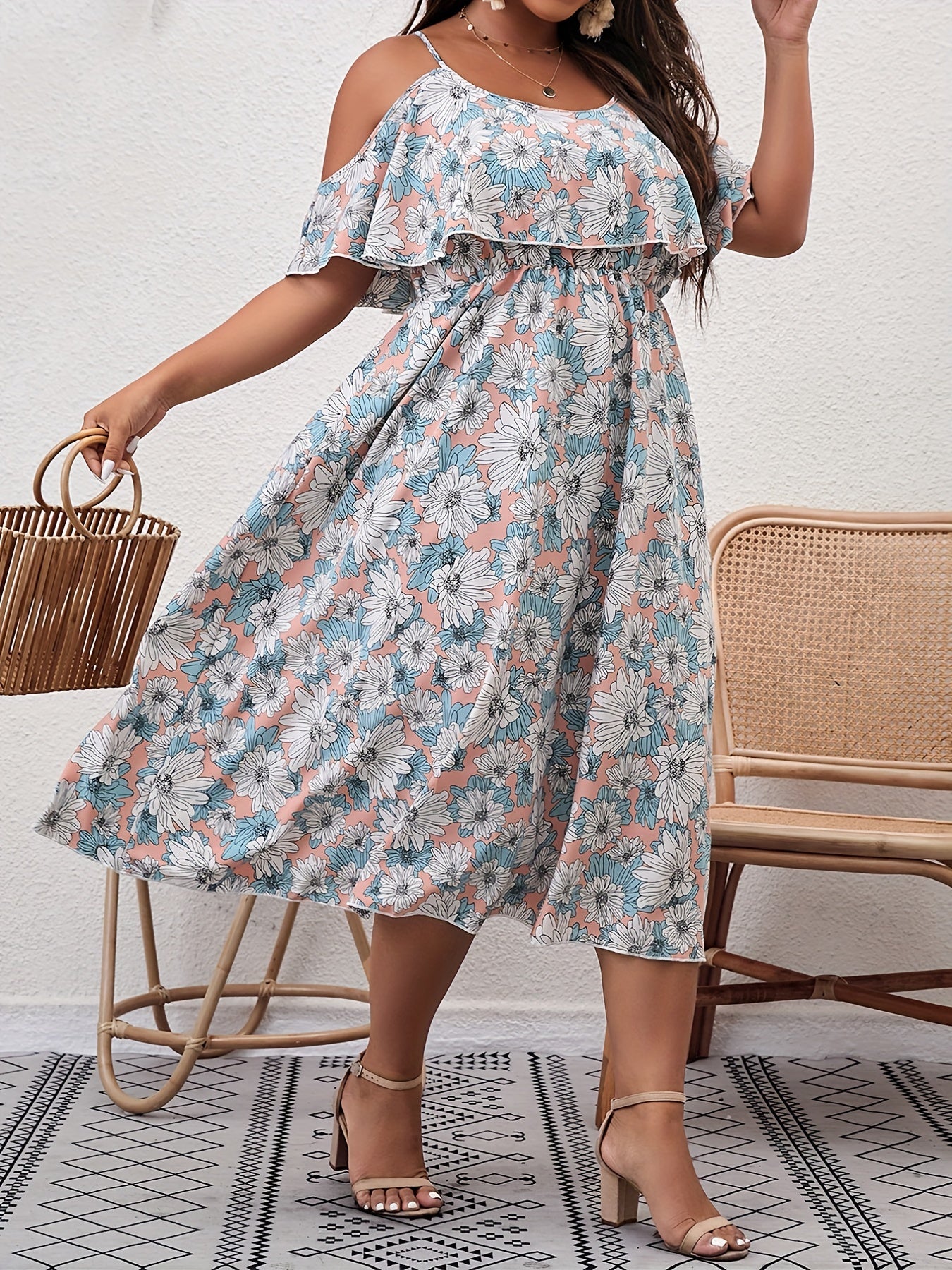 Floral Print Ruffle Trim Cold Shoulder Casual Dress