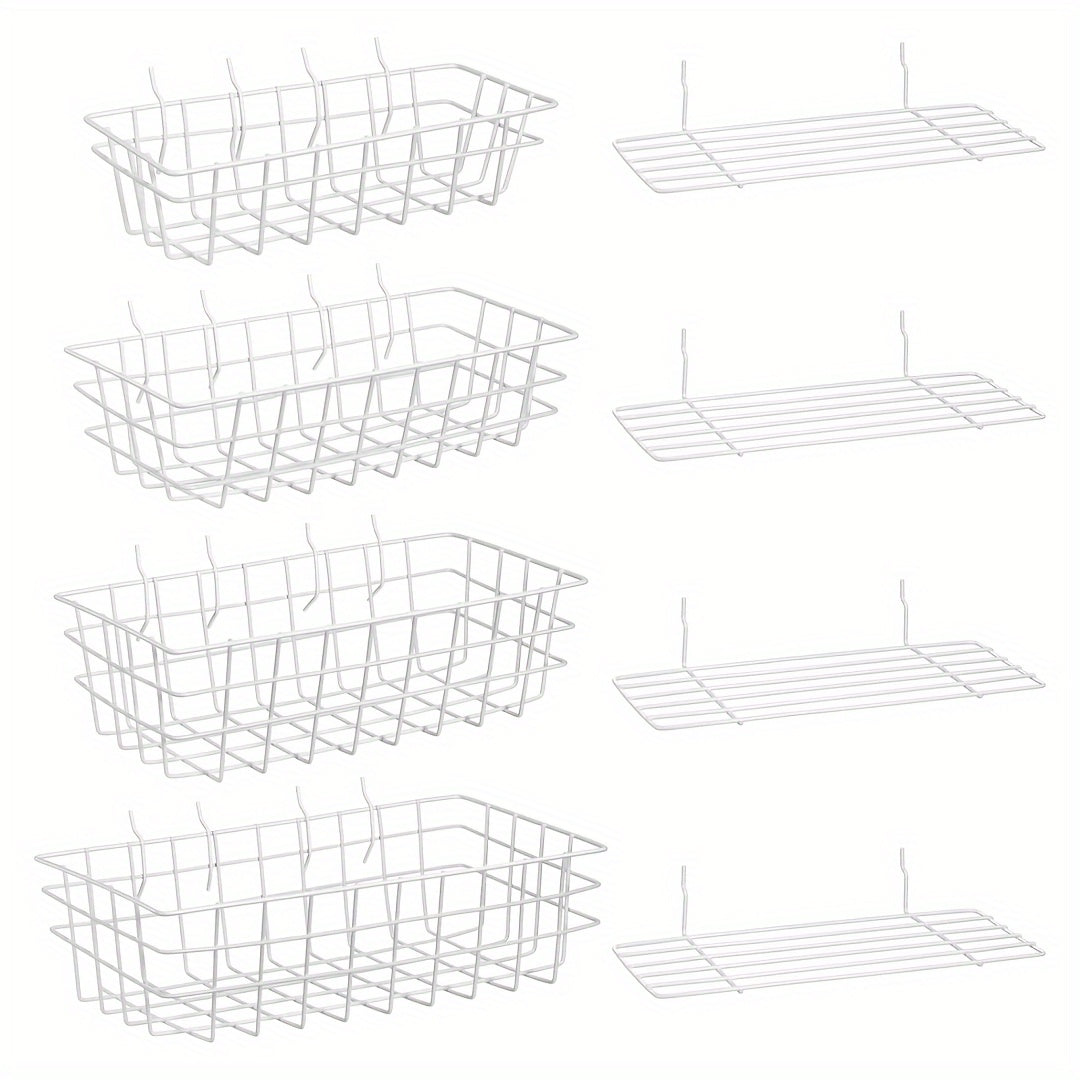 8pcs Pegboard Storage Rack Basket - 4 Sizes Baskets & 4 Plates Wire Shelf