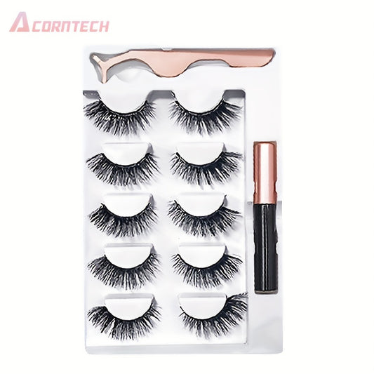 5 Pairs Magnetic False Eyelashes Set With Liquid Eyeliner And Tweezers