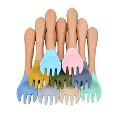 Silicone Spoon & Fork Set Mini Wooden Handle Utensils