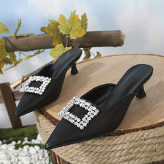 Women's Rhinestone Buckle Kitten Heels Pointed Toe Slip On Slingback Low Heels