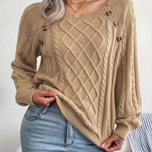  Solid Jacquard Lantern Sleeve Boat Neck Pullover Sweater