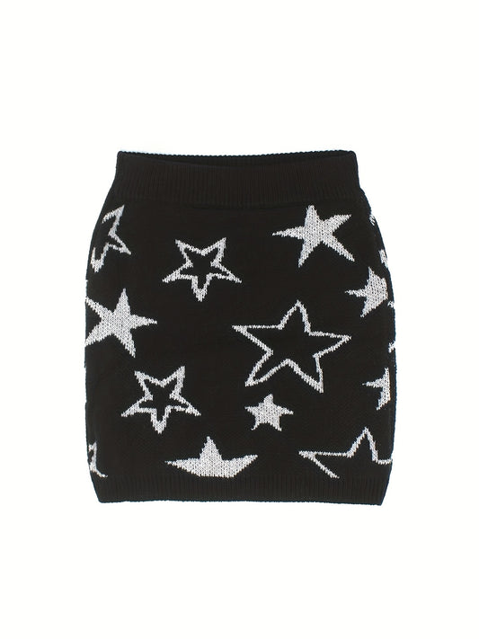 Star Pattern Knit Short Skirt Elastic Waist Spring/Fall Women's Clothing
