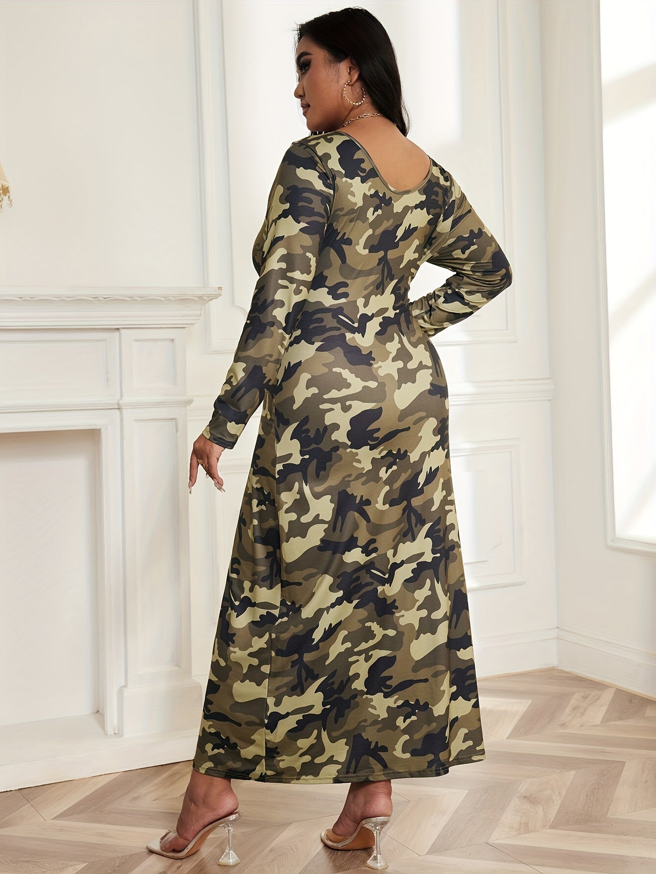  Sexy Camo Print Long Sleeve Maxi Dress
