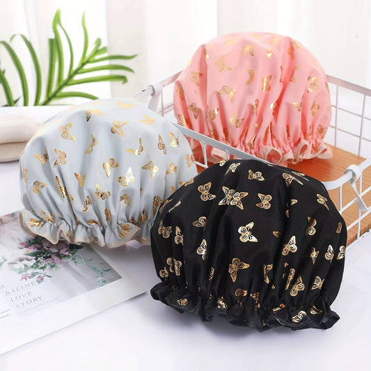 Butterfly Print Double Layer Shower Cap - Waterproof for Home & Travel