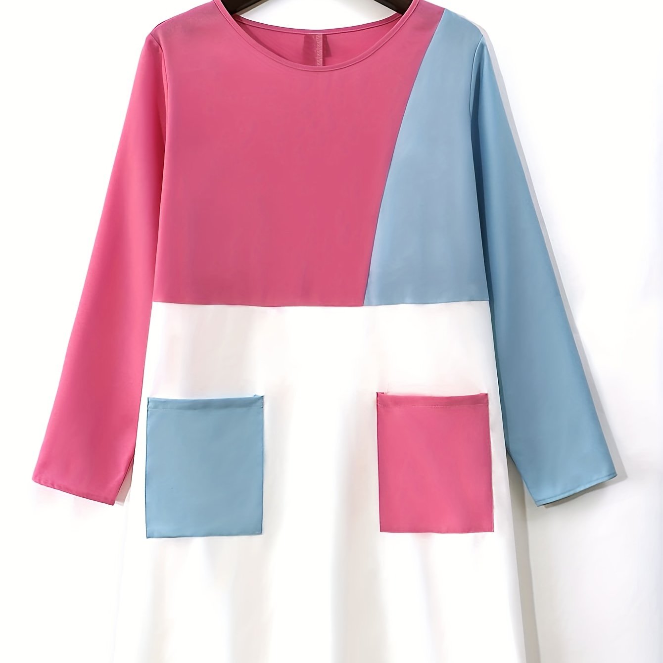  Colorblock Long Sleeve Dress With Pockets