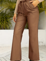  Solid Elastic Drawstring High Rise Straight Leg Trousers