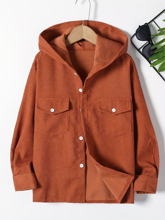 Boys Corduroy Hooded Shirts Long Sleeve Button Down Tops