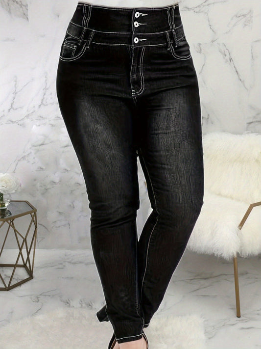 High Waist Solid Button Up Skinny Jeans