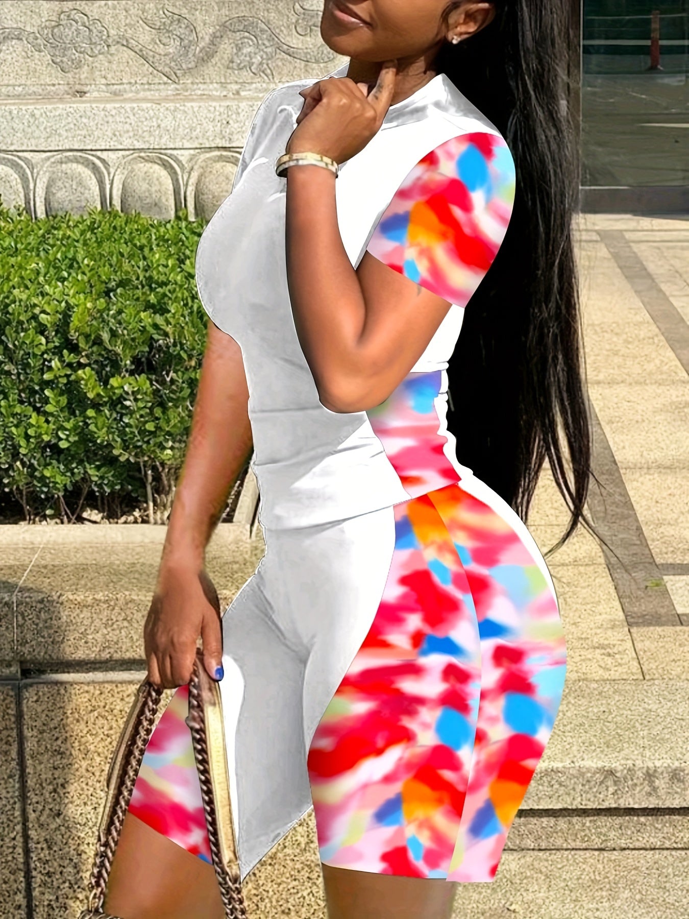 Colorblock Tie Dye Short Sleeve T shirt & Shorts Set Women's Plus