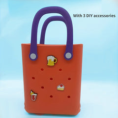 Summer Beach Storage Handbag Colorblock Satchel Bag With 3 DIY Accessories