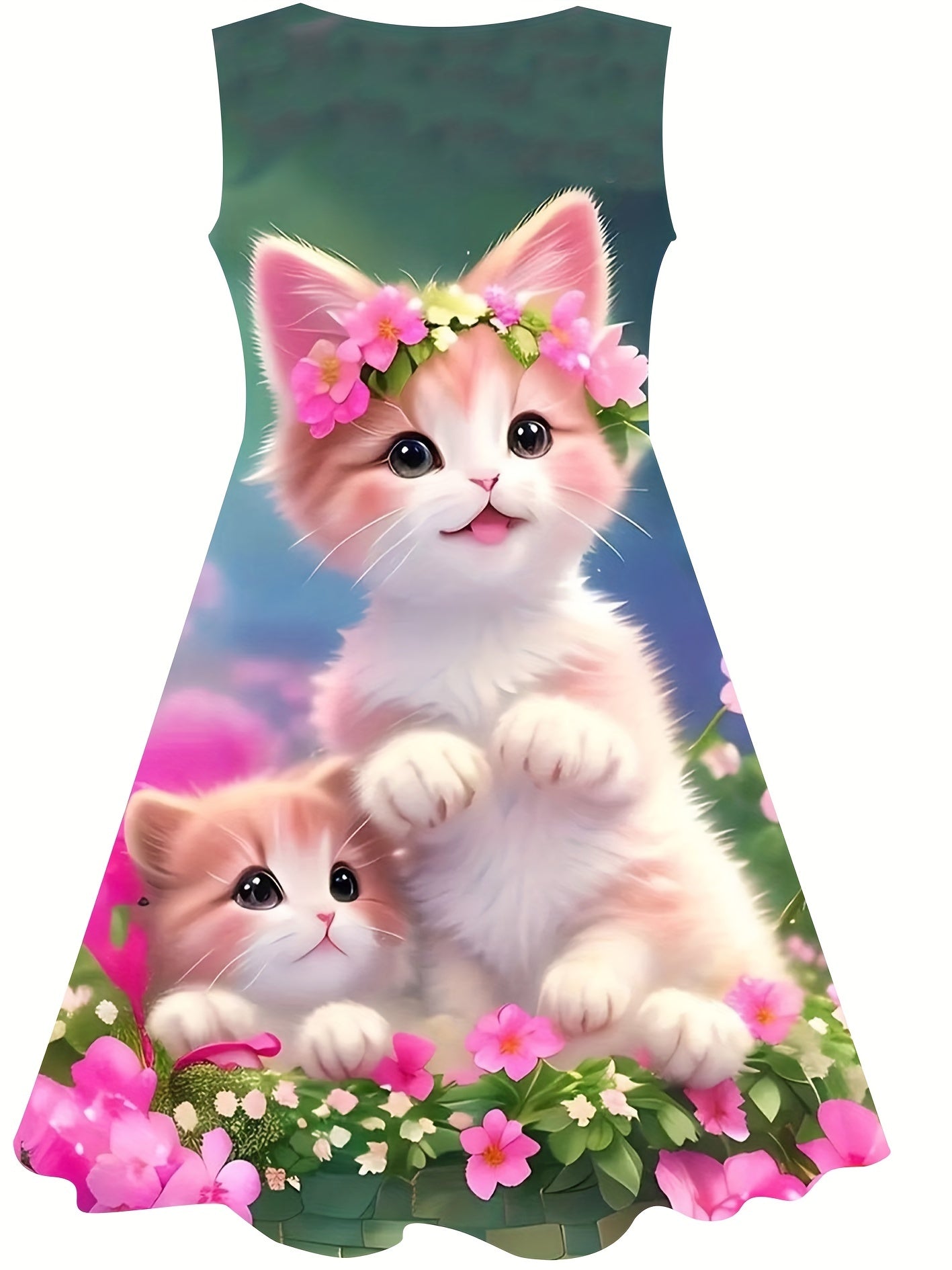 Girls Kitty Flower Sleeveless Dress For Summer Party