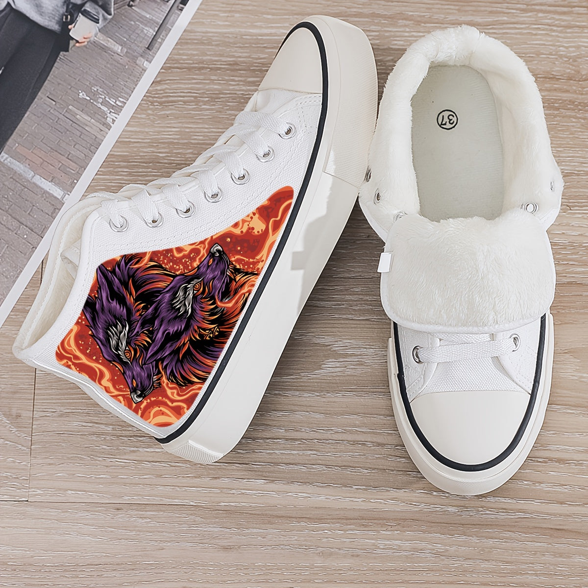 Wolf Print Plush Lined Thermal Chunky Canvas Sneakers