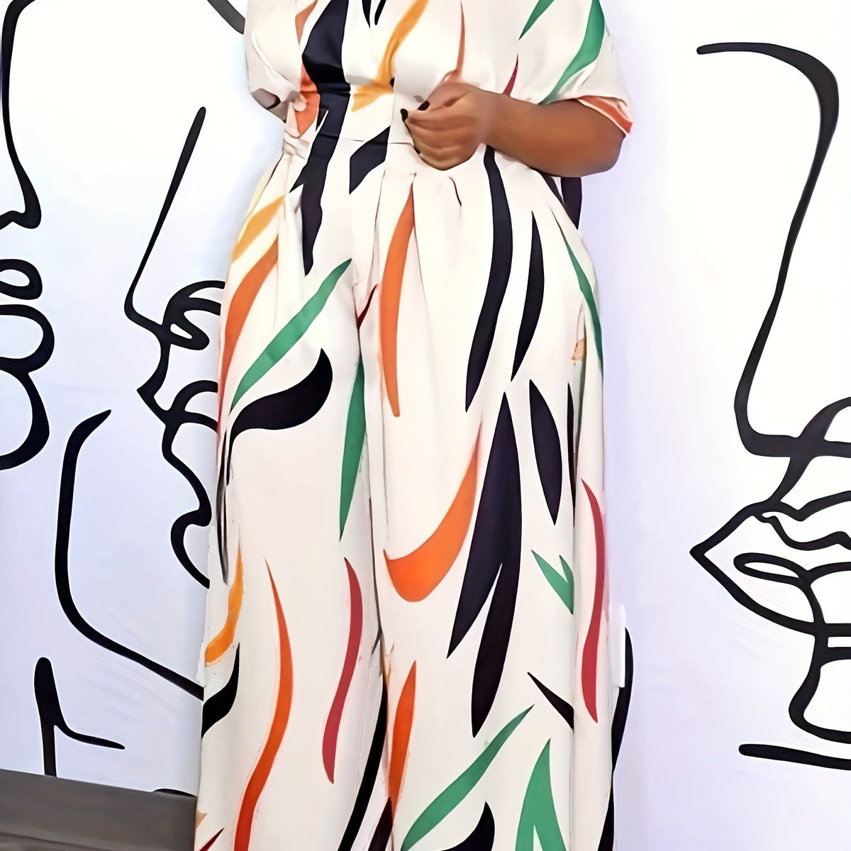 Abstract Print Jumpsuit Casual V Neck Short Sleeve Wide Leg Jumpsuit