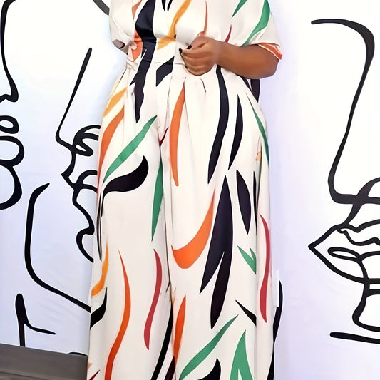 Abstract Print Jumpsuit Casual V Neck Short Sleeve Wide Leg Jumpsuit