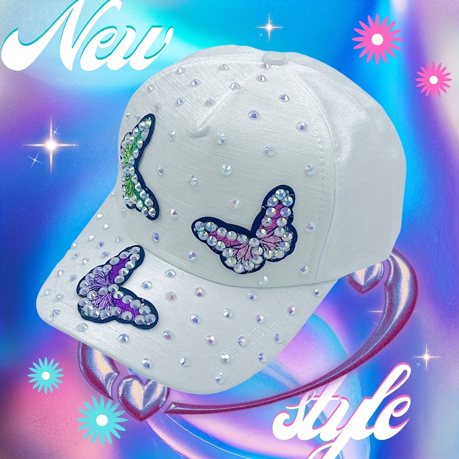 Y2K Butterfly Rhinestone Baseball Cap Ripped Cotton Dad Hats