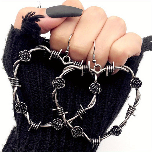 Punk Style Thorns Rose Love Heart Hoop Earrings Gothic Temperament Ear Jewelry