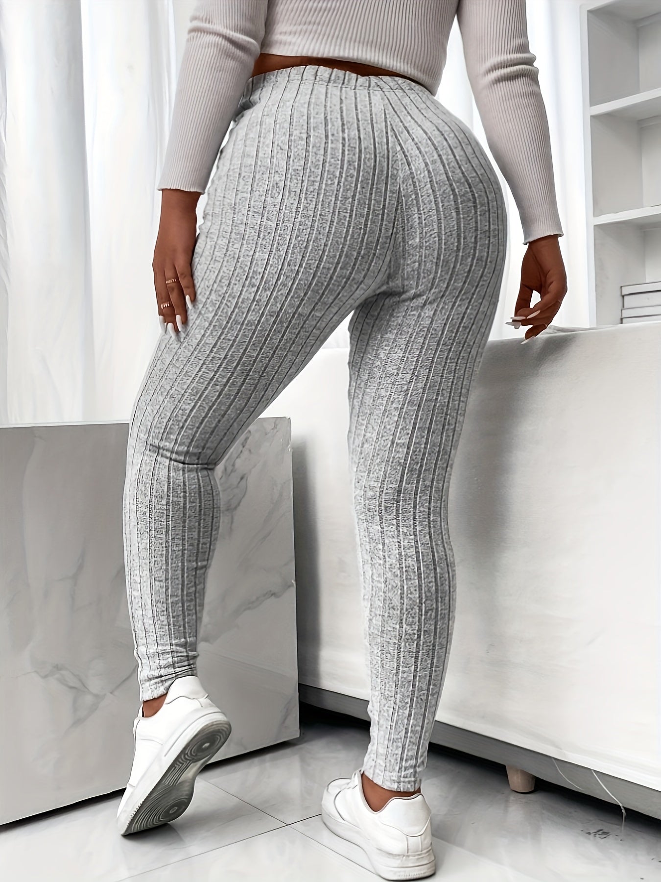 Solid Ribbed High Rise Stretch Skinny Trousers