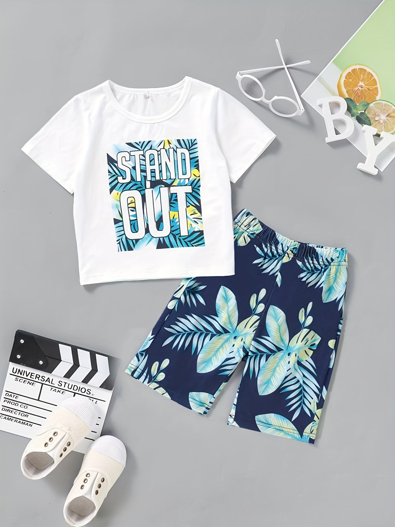 Boys Tropical Leaf & STAND OUT Graphic Print T-shirt & Shorts Set