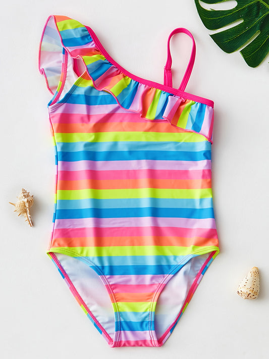 Toddler Girls Rainbow One Piece Swimsuit Ruffle Trim Summer Beach Clothes