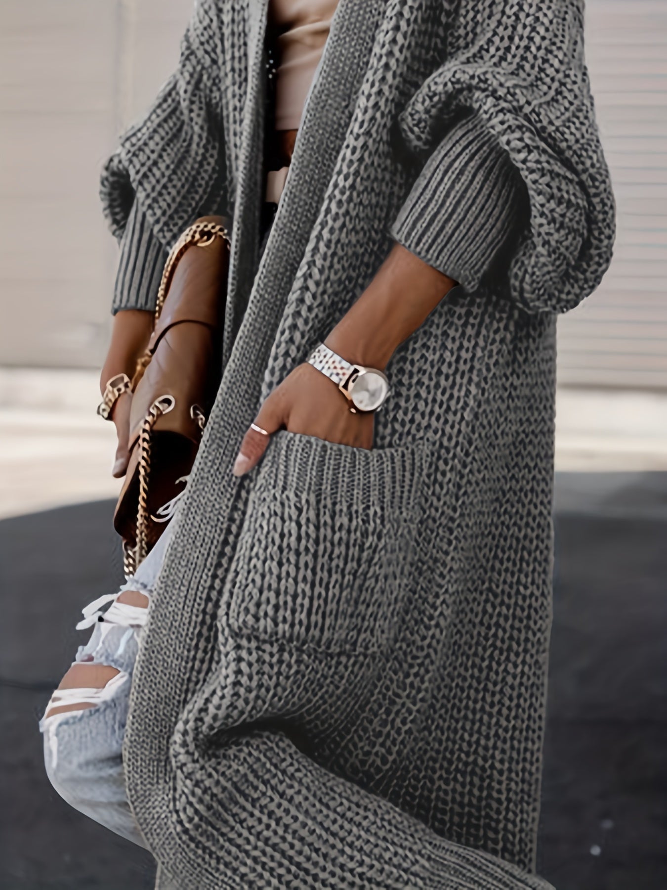  Solid Long Sleeve Open Front Cardigan With Pockets