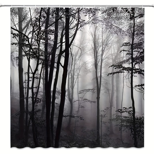 Forest Theme Shower Curtain & Wood with Foggy Pattern Waterproof Fabric