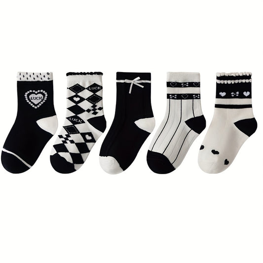 5pairs Girls Kids Heart Pattern Crew Socks for Children