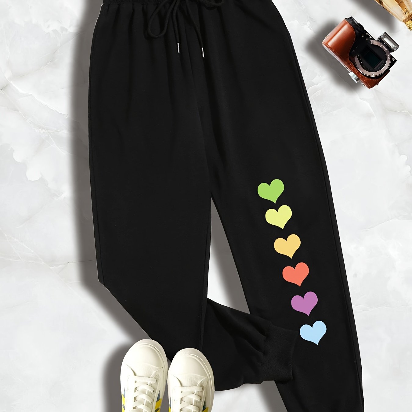 Colorful Heart Print Drawstring Sweatpants Plus Size Women's
