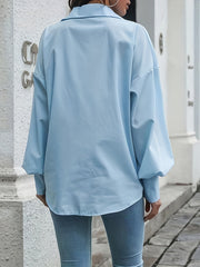  Solid Lantern Sleeve Button Up Lapel Collar Tunic Shirt Top