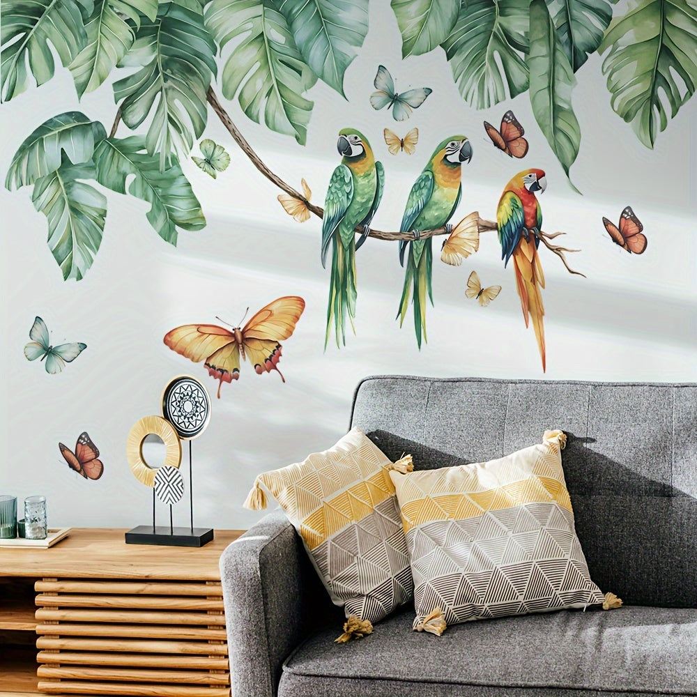 Tropical Green Plant Bird Wall Sticker for Home Decor
