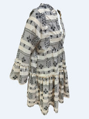  Geometric Print Boho Dress Bell Sleeve Mock Neck Smock Dre