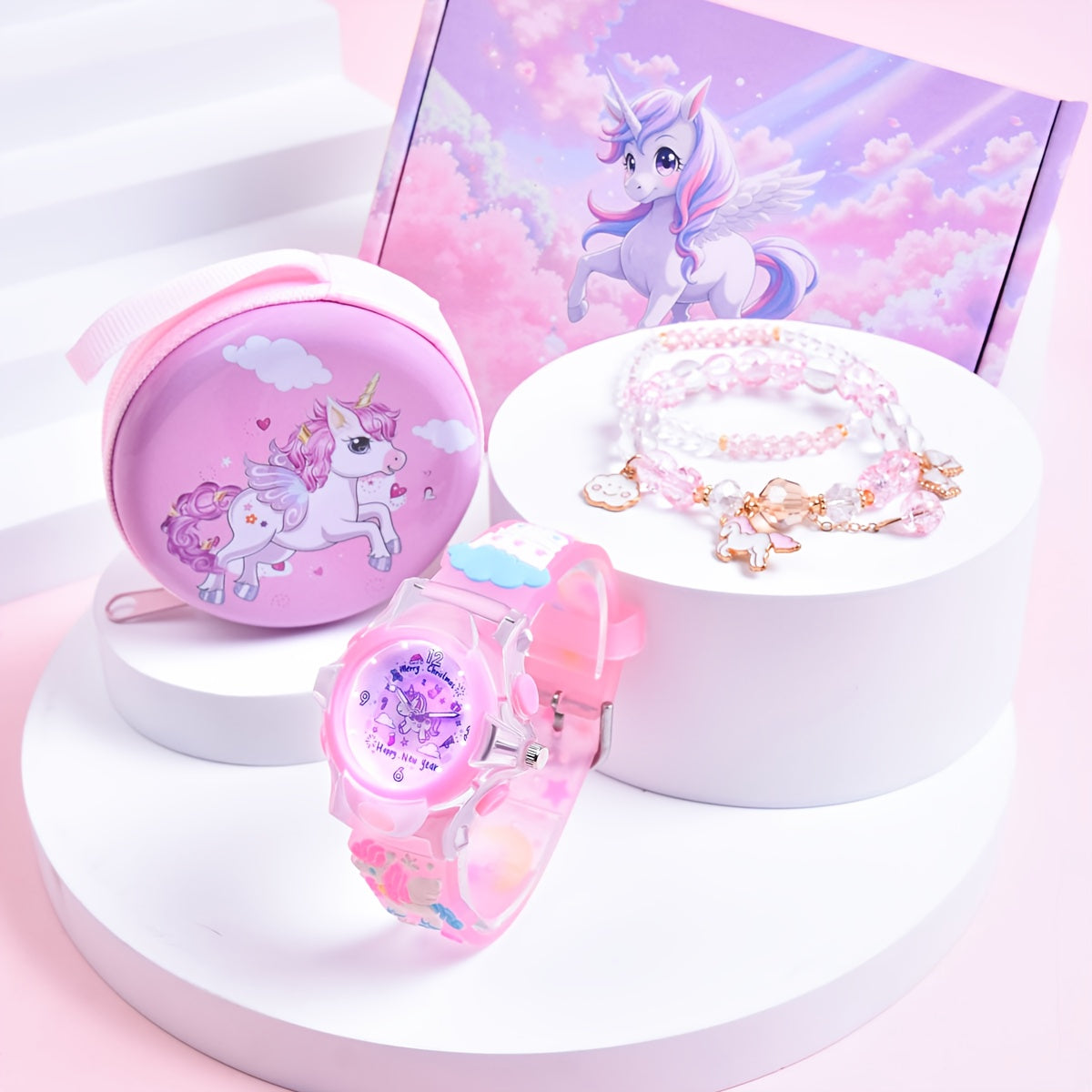 Girls' Magical Watch Set with Glowing Quartz Movement & Heart Charms