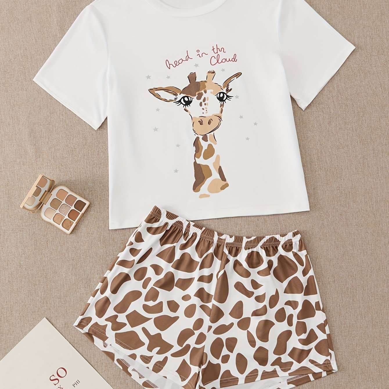 Cartoon Print Pajamas Set Short Sleeve Top & Shorts Pj Set Women's Sleepwear