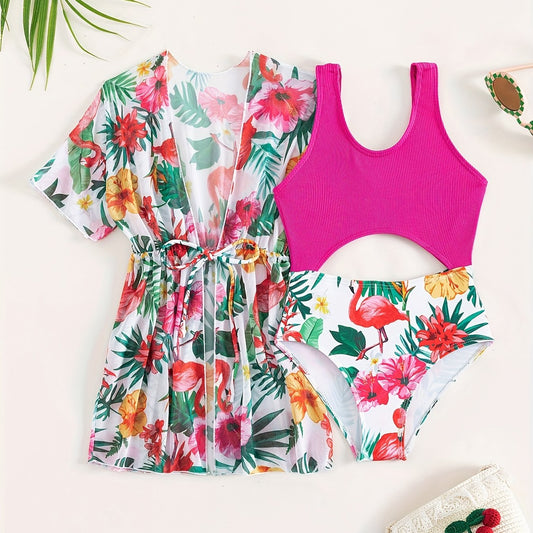 Girl's Tropical Plant Print Swimsuit & Cover Up Tankini Bathing Suit
