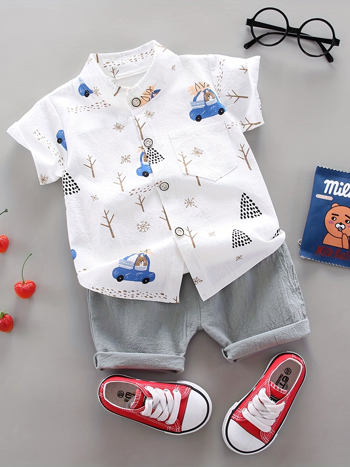 Boys 2pcs Cartoon Print Shirt & Shorts Set