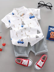 Boys 2pcs Cartoon Print Shirt & Shorts Set