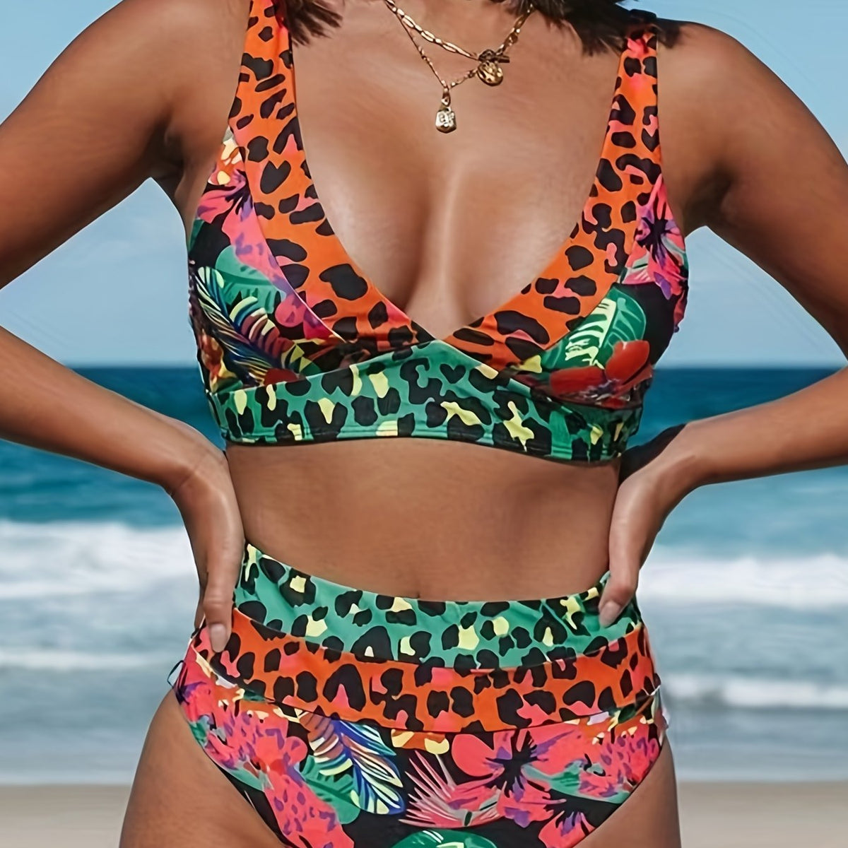Leopard Floral 2 Piece Bikini V Neck High Waist Medium Stretch Swimsuit