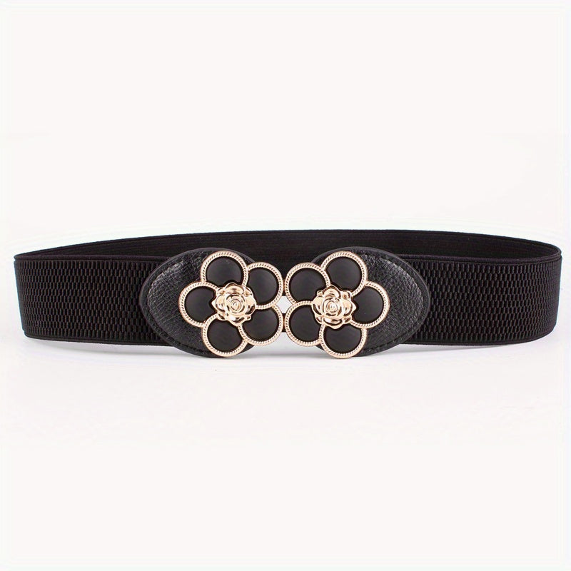 Flower Buckle Elastic Belt Women Vintage Wide Waist Seal Double Buckle