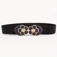 Flower Buckle Elastic Belt Women Vintage Wide Waist Seal Double Buckle