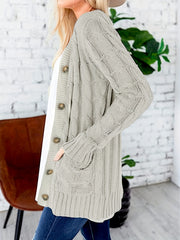  Solid Cable Button Up Cardigan with Pockets