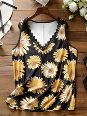  Sunflower Print Lace V Neck Tank Top