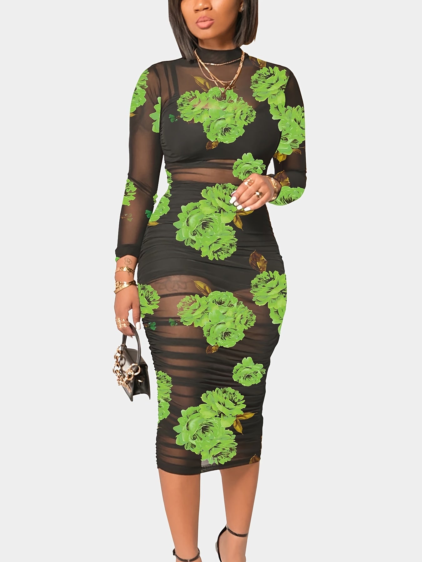Sexy Floral Print 3pc Set Crop Top Shorts Bodycon Mesh Dress