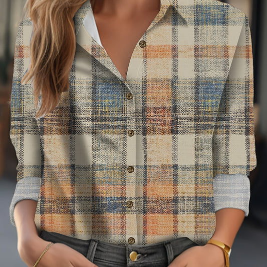  Plaid Print Button Up Long Sleeve Casual Blouse