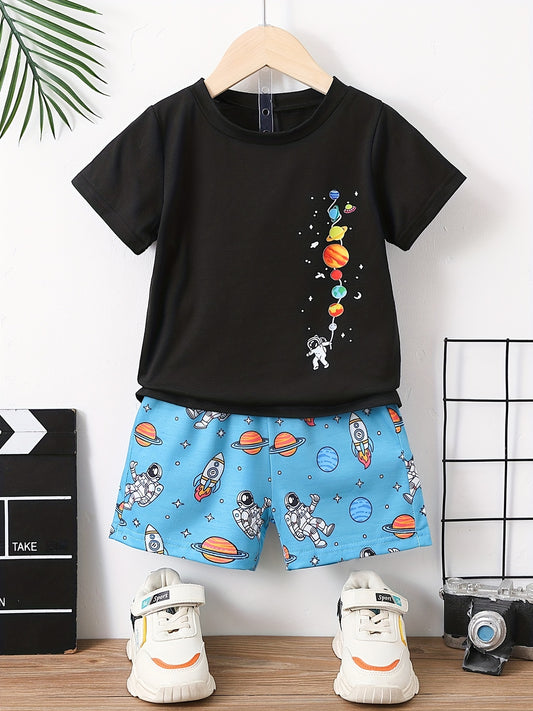 Boys Astronaut Rocket Print T-shirt & Shorts Set Kids Summer Outfit