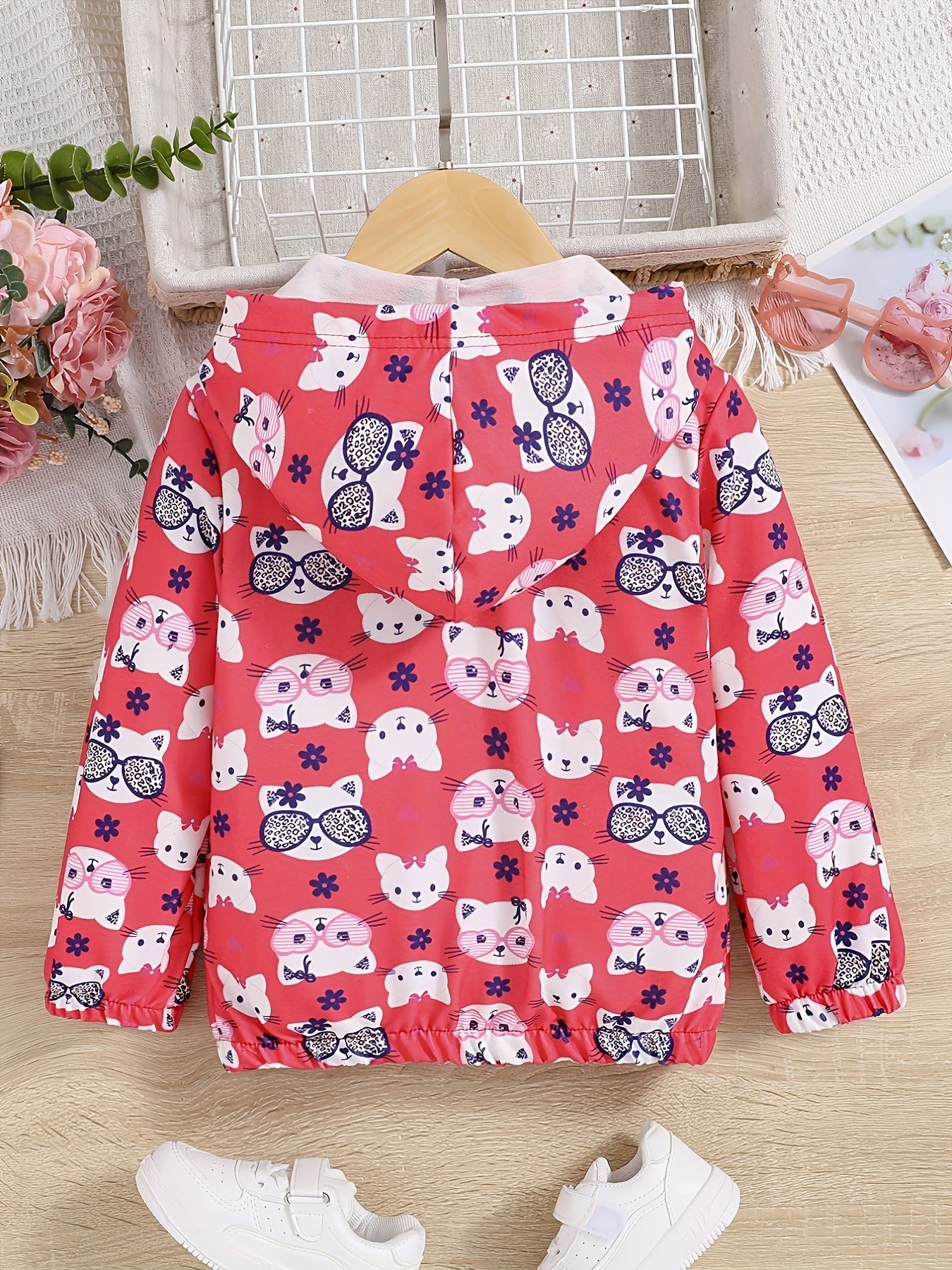 Girls Cartoon Kitten Print Hooded Windbreaker Jacket