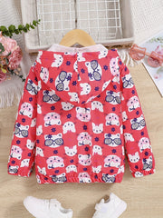 Girls Cartoon Kitten Print Hooded Windbreaker Jacket