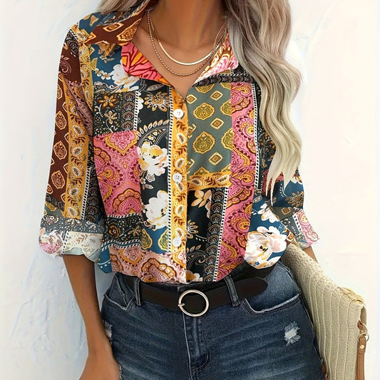  Boho Blouse Women's Plus Colorblock Floral Print Button Up Long Sleeve