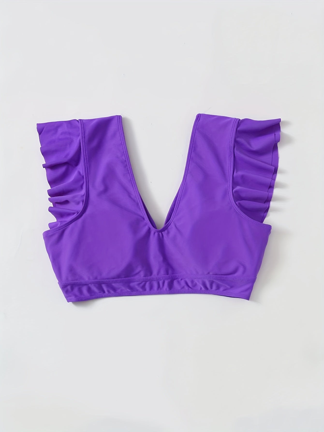  Bikini Top Solid V Neck Ruffle Trim Padded Swimwear