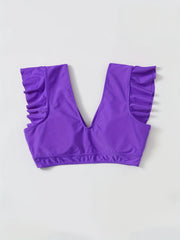  Bikini Top Solid V Neck Ruffle Trim Padded Swimwear